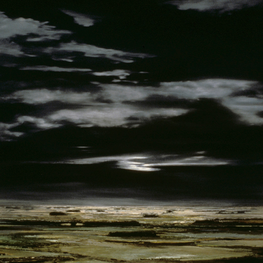 A landscape painting set at moonrise