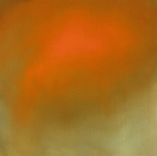 An orange and grey night sky painting with clouds